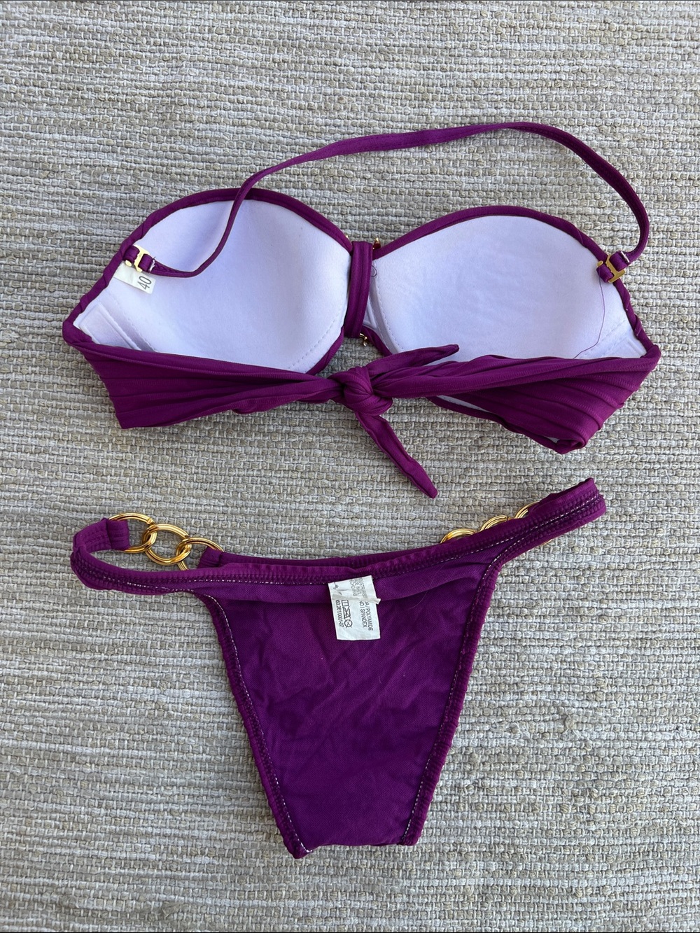 Lua Morena Purple Ribbed Bandeau Bikini Set with Gold Brass Ring Accents -Small - Picture 8 of 11